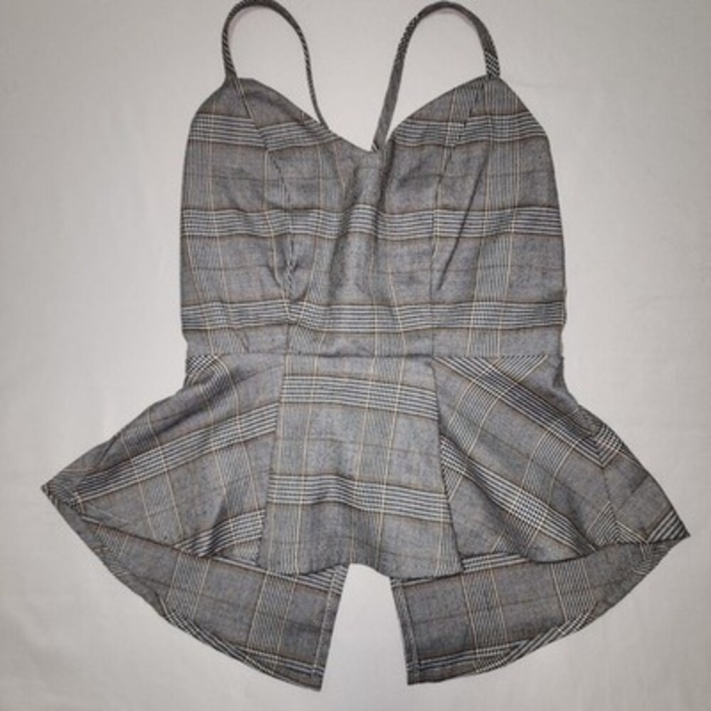 Studio F Plaid Belted Peplum Top - Size XS